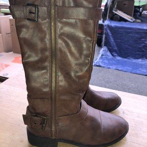 Knee High Brown Leather Buckled Boots with Zipper